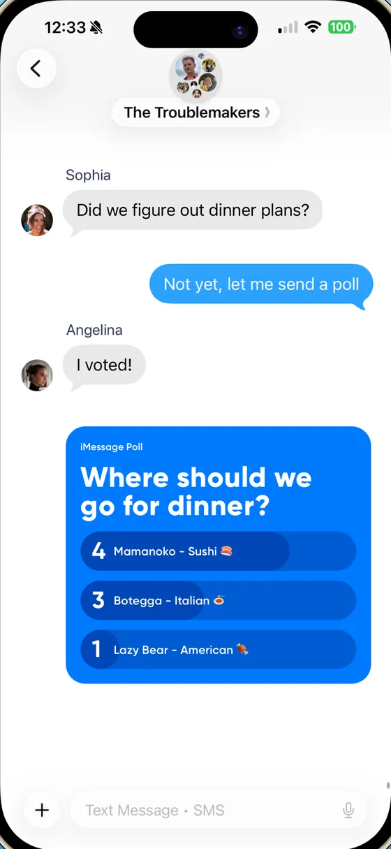 An iMessage group chat with a poll asking where to go for dinner