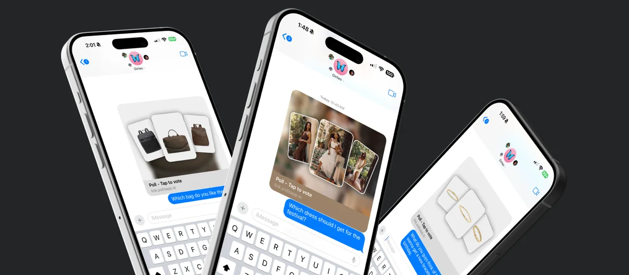 Shop with Friends in use: shoppers send product polls to friends in iMessage, shown on three phones
